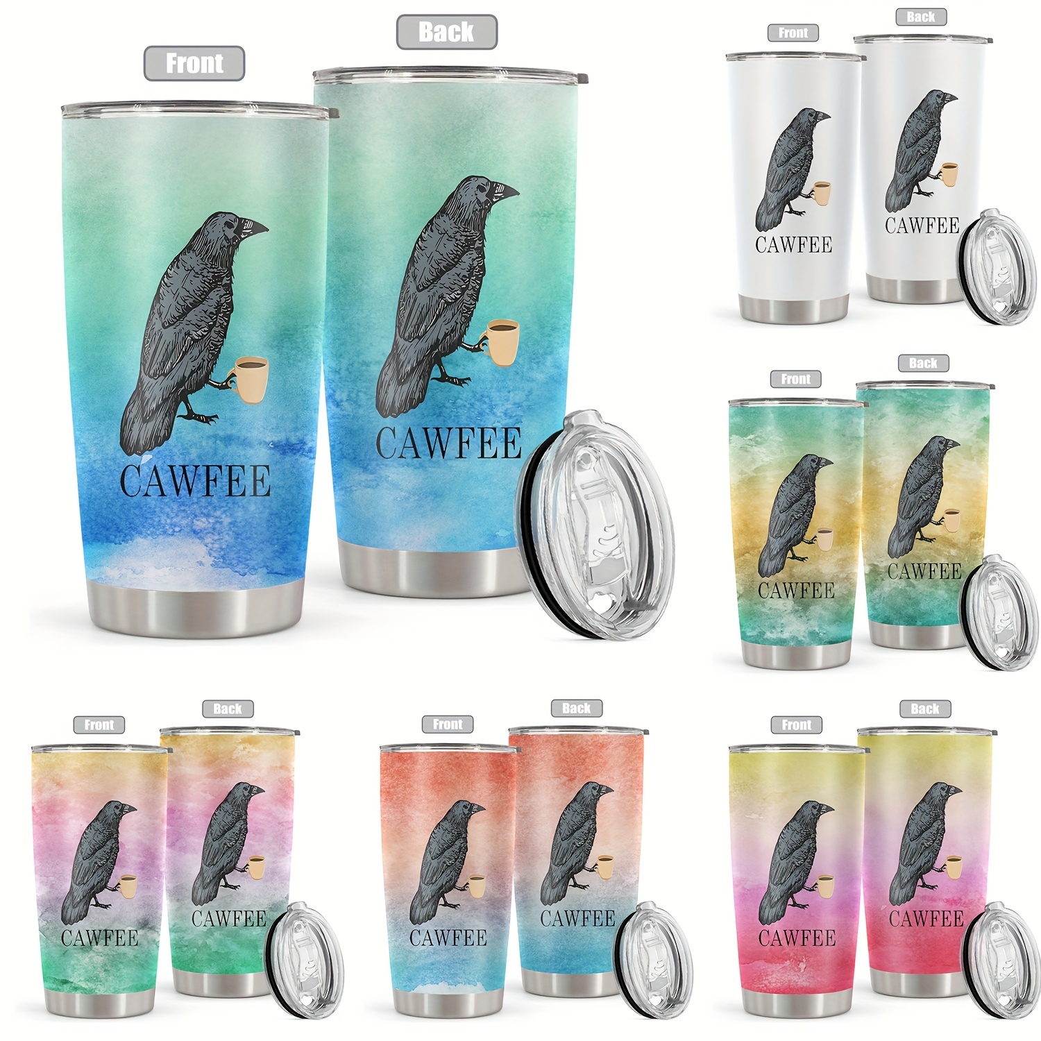 

20 Oz Stainless Steel Tumbler With Lid - Crow Cawfee Funny Print, Vacuum Insulated Water Bottle For All Seasons, Perfect For Outdoor Adventures & Gifts