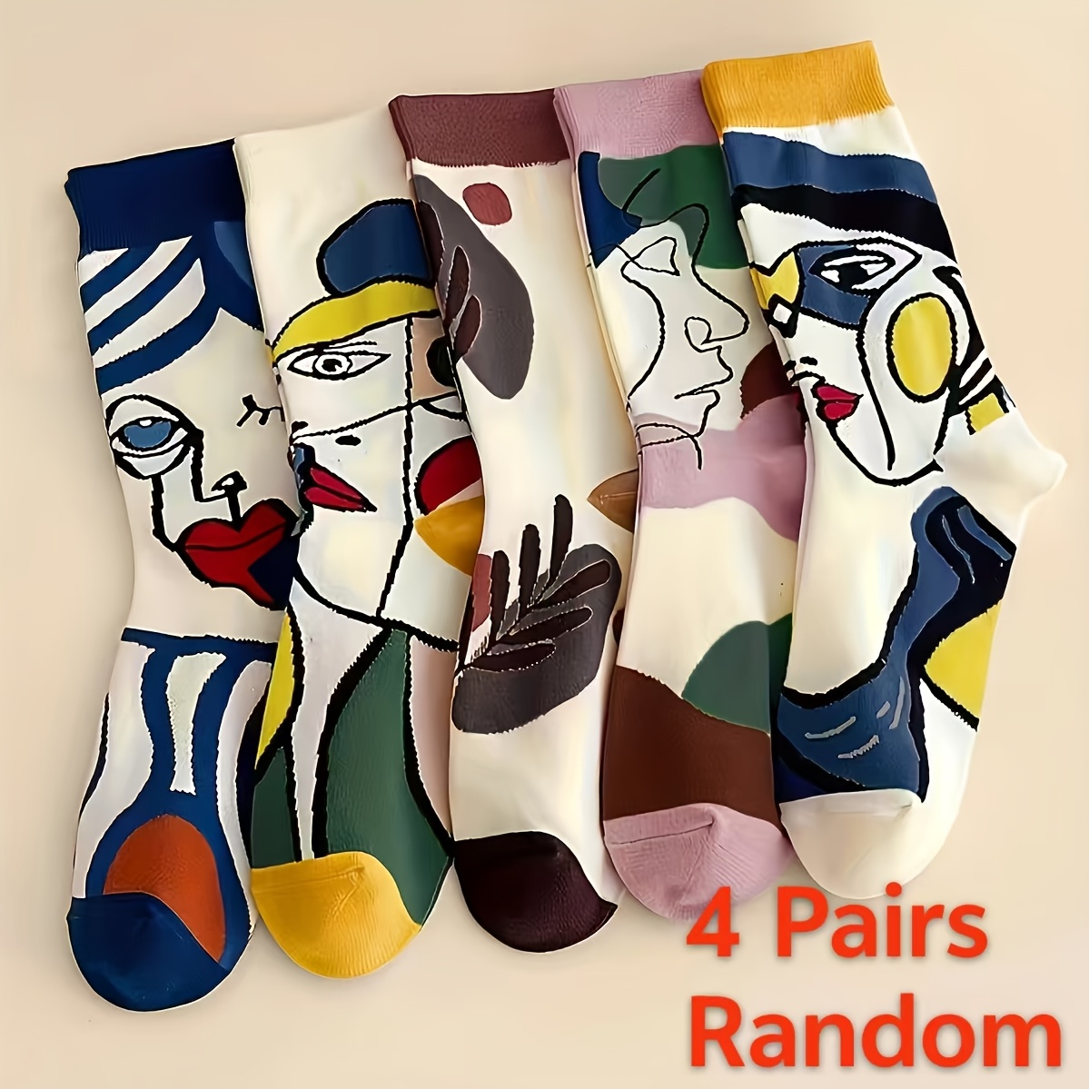 TEMU Lot de 4 paires de chaussettes pour couple, style de visage, peinture à l'huile de couleurs mélangées