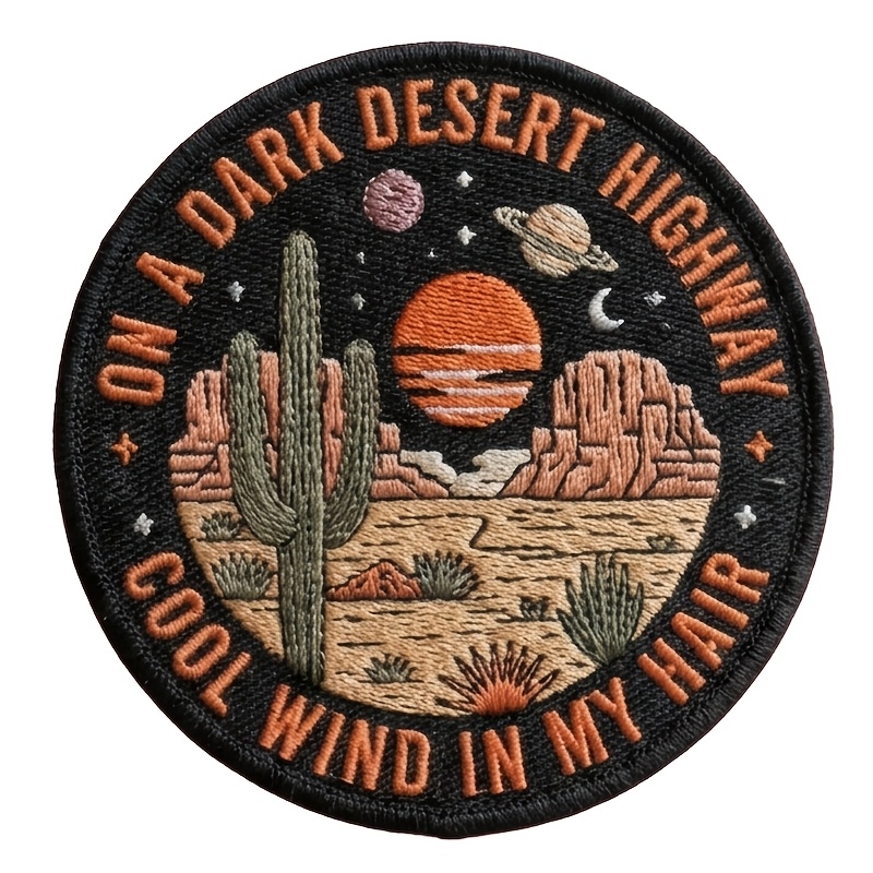 TEMU 1pc Highway Embroidered Patch Vintage Cactus Sunset Planet Iron-on Badge For Traveler Jacket Backpack Decor
