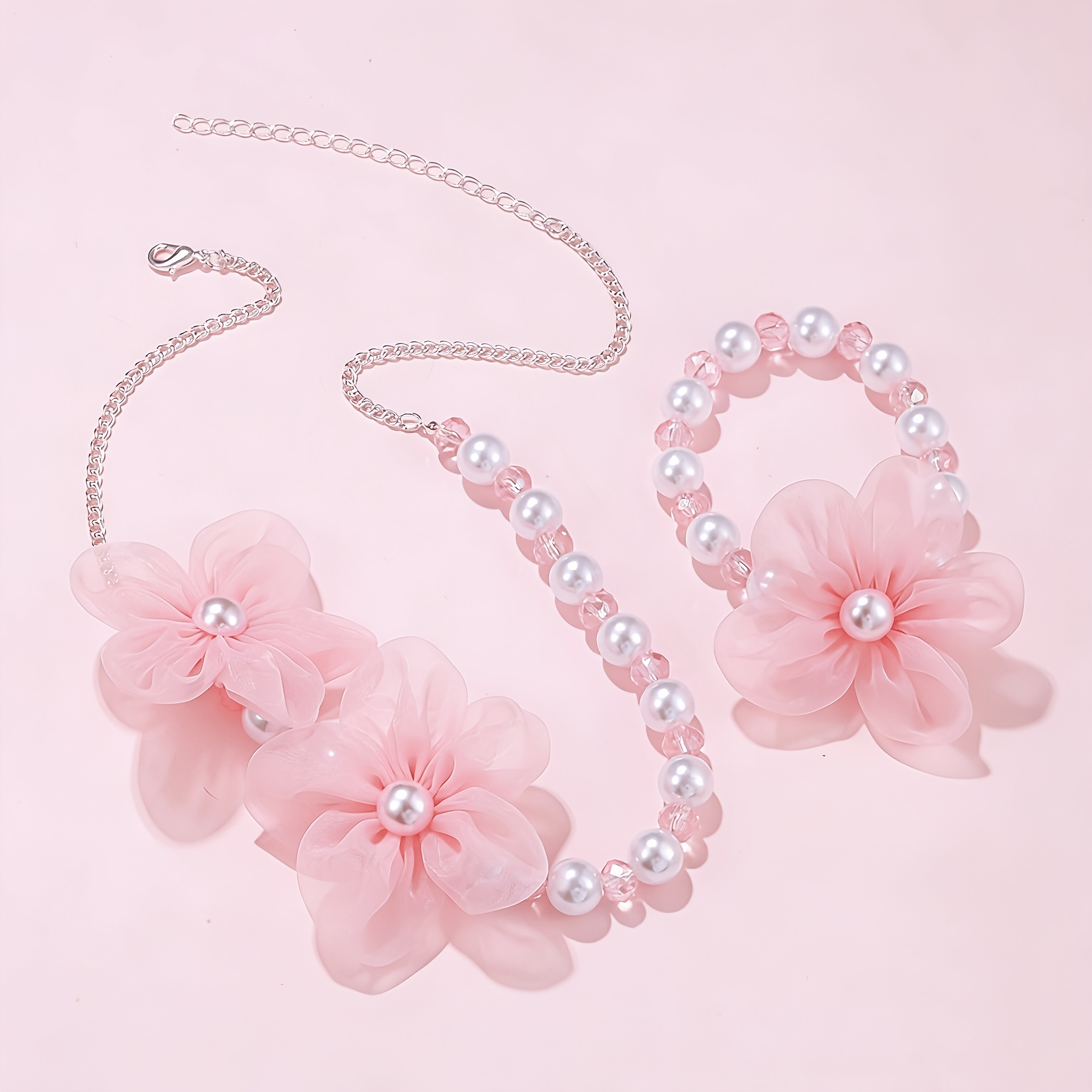 Image of Set Of 2pcs:1pc Pink Lace Flower Beaded Stretch Bracelets And 1pc Adjustable Chain Necklace, Ideal Present For , Birthday Party Treats For , Gift For Daughter And Granddaughter