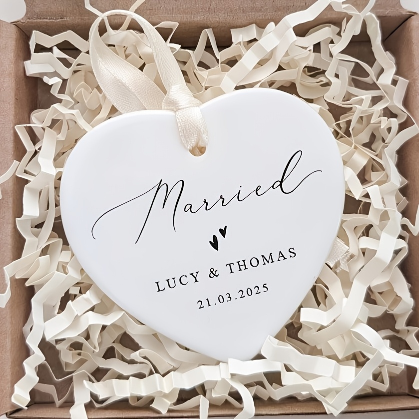 TEMU Personalized Ceramic Heart - Custom Name/date/text Suitable For Wedding, Engagement Gift For , Round Hanging Decoration With Names, Date, For Or