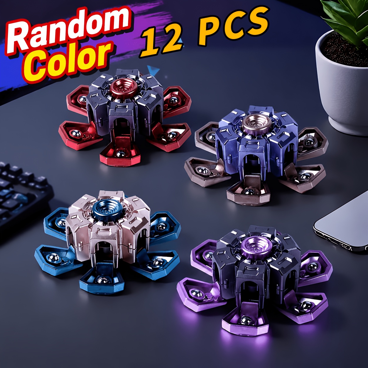 TEMU Random Color 12pcs Transforming Fidget Spinner Toy, 2 Forms In 1 Folding Spinner With Smooth Rotation, Press And Spin , Portable Handheld Desk