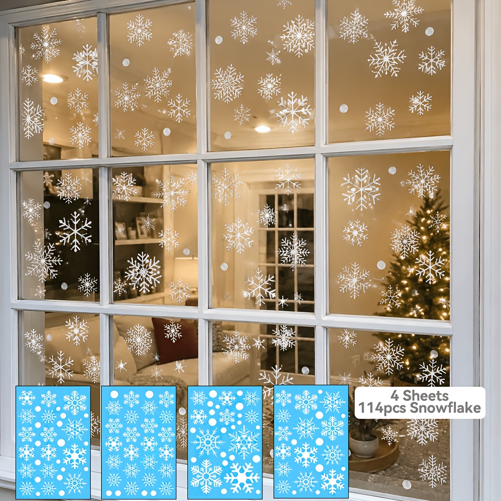 "festive" 114pcs Snowflake Window Clings - Electrostatic White Snowflakes For Christmas & Winter Door Decorations Snowflake Ribbon Wired