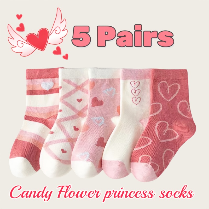 5-pair Autumn/winter Thickened Long-staple Plush Warm Girls' Socks, Pink Heart Cute Apparel Accessories