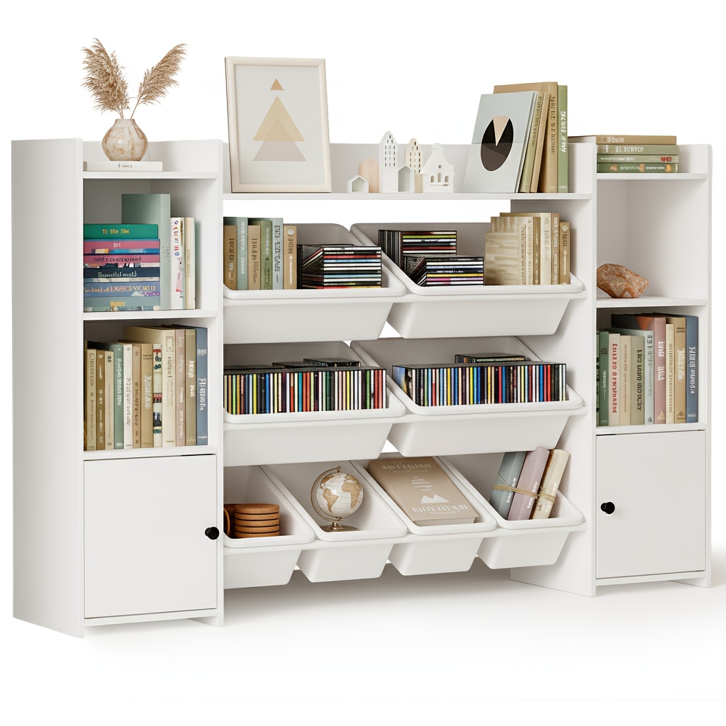 Image of Storage Cabinet With 8 Compartments, Wooden Bookshelf, Rounded Corners And Anti-tip Design. Modular Storage Boxes Flexible Space Organization, Ideal For , Living Rooms, And , 140x30x85cm, White