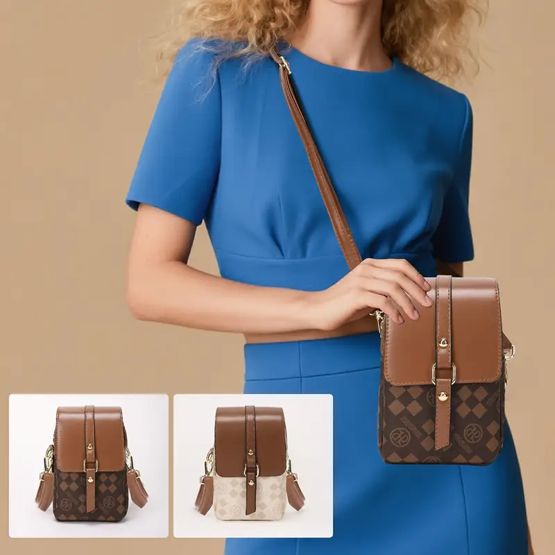 2025 new womens multi layer lightweight crossbody bag large capacity coffee linen shoulder bag with zipper closure stylish checkered pattern hardware for travel work versatile travel accessory modern checkered design hardware Product details 1