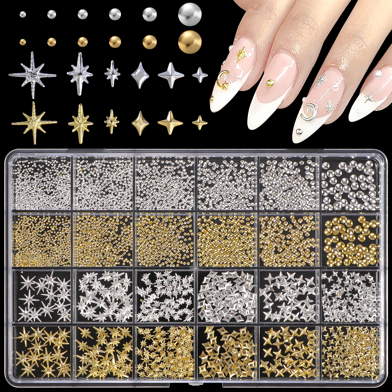 TEMU 24-slot New Nail Art Charm Set - Golden And Silvery Star Studs, Hexagon Earrings, Suitable For Diy Nail Art, Hypoallergenic 3d Metal Decorations