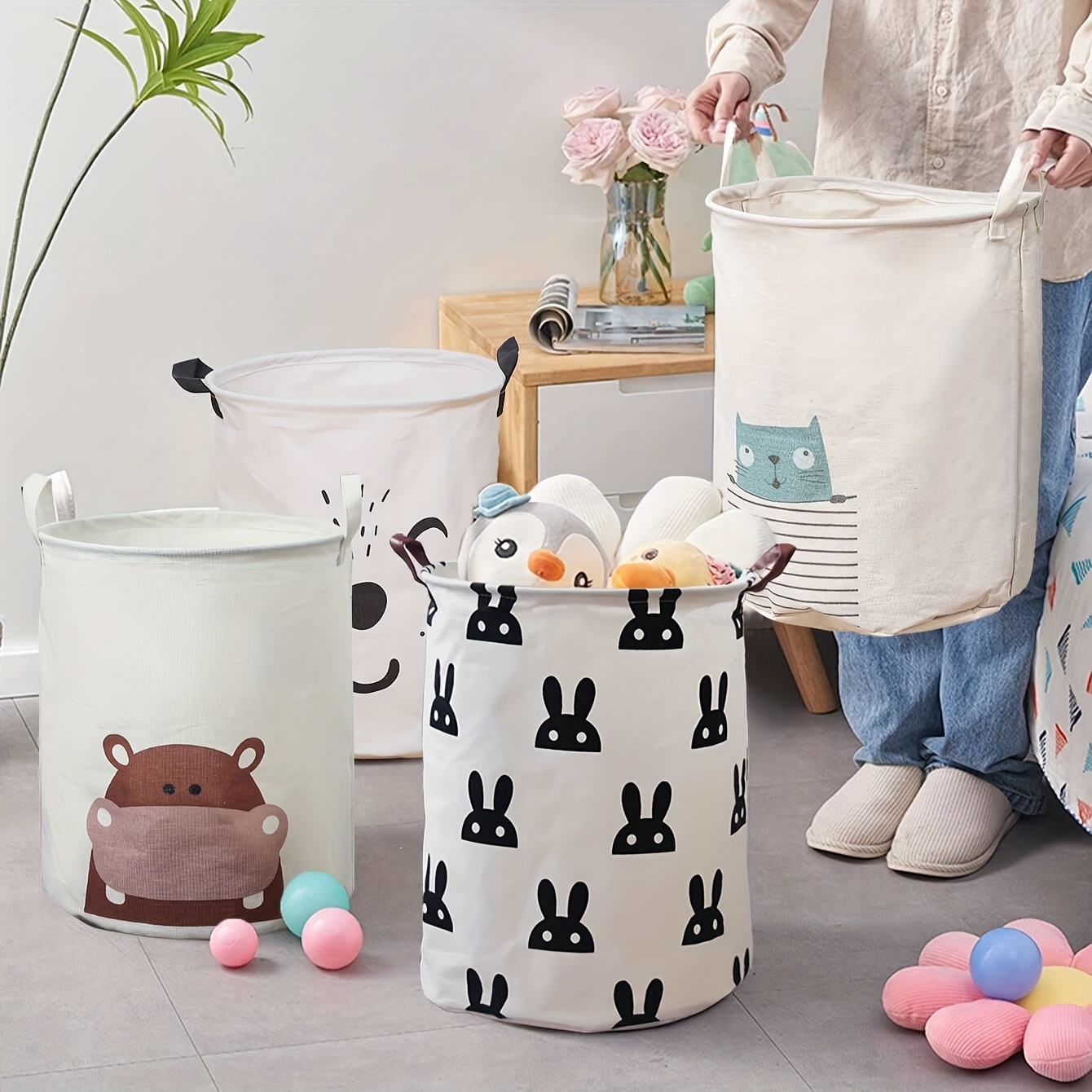 

Large Round Foldable Storage Basket - Cute Canvas Laundry Hamper, Toy Organizer Bin With Handles, Decorative Gift Basket For Home Organization, Shelf Baskets