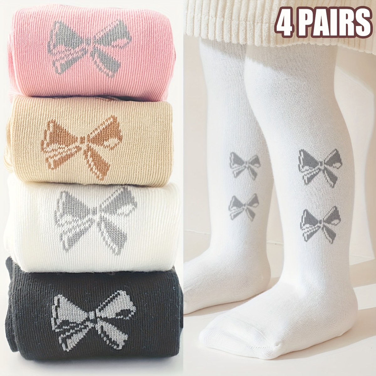 4 Paar Baby Meisjes Elastische Taille Leggings - Zachte Pastelroze/Beige/Wit/Zwart, Rekbare Peutersokken voor Meisjes, Dagelijkse & Formele Outfits - Gemakkelijk te Combineren, Peuterleggings, Kinderkleding, Speels Ontwerp, Zacht Stofmateriaal, Comfortabele Pasvorm, Kleine Kinderen