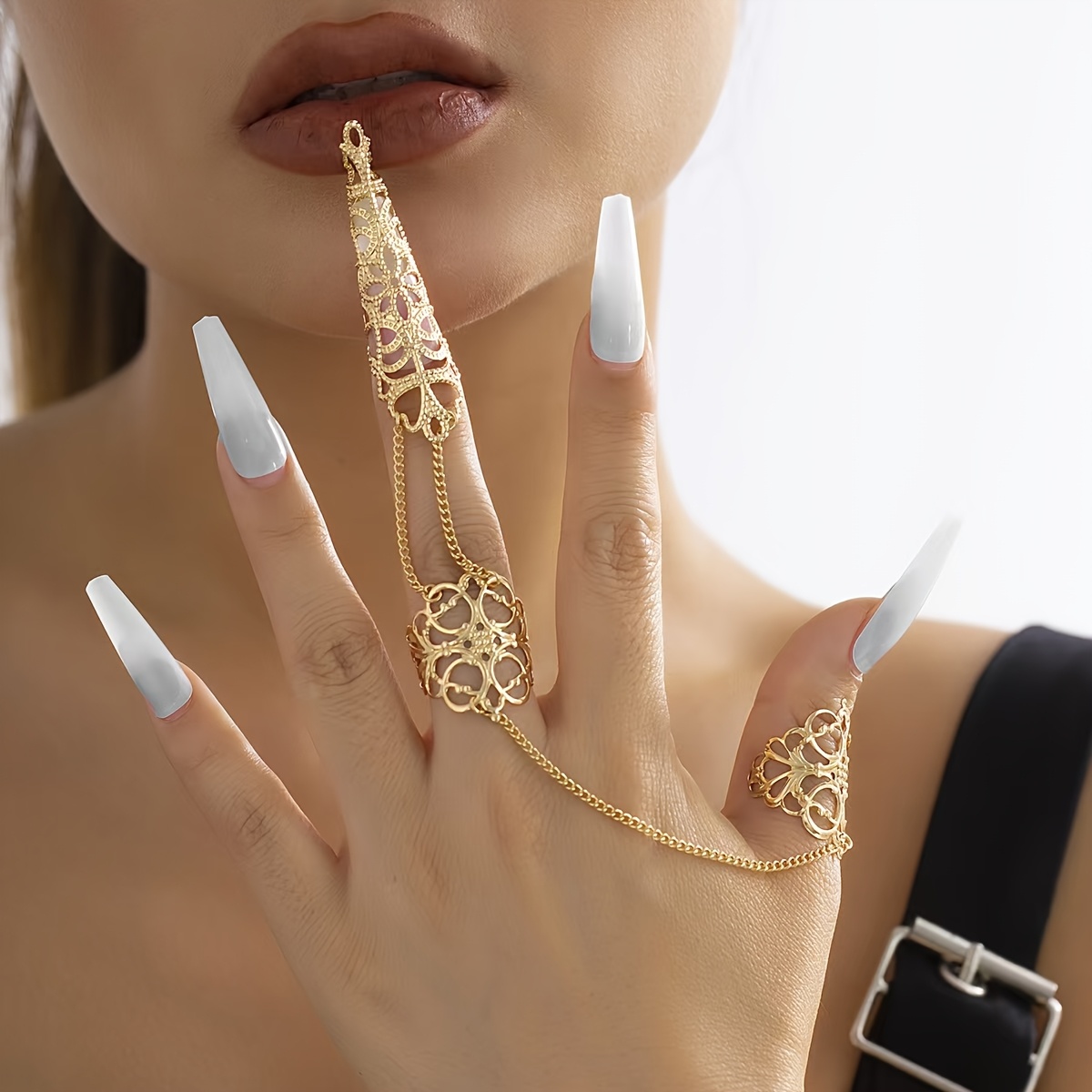 Boho Gothic Hollow Cone Nail Covers Golden Chain Floral Ring