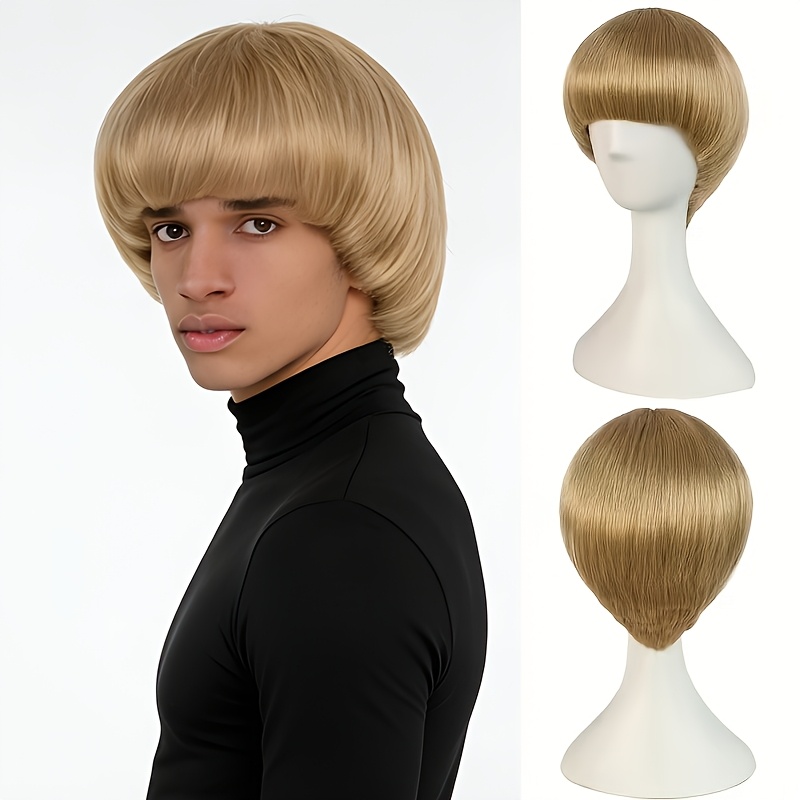 TEMU 1980s Synthetic Head Men's Wig, 8-inch Fashionable Black Short Hair, Unisex, High-density Heat-resistant Synthetic Fiber, Breathable Net, Bowl