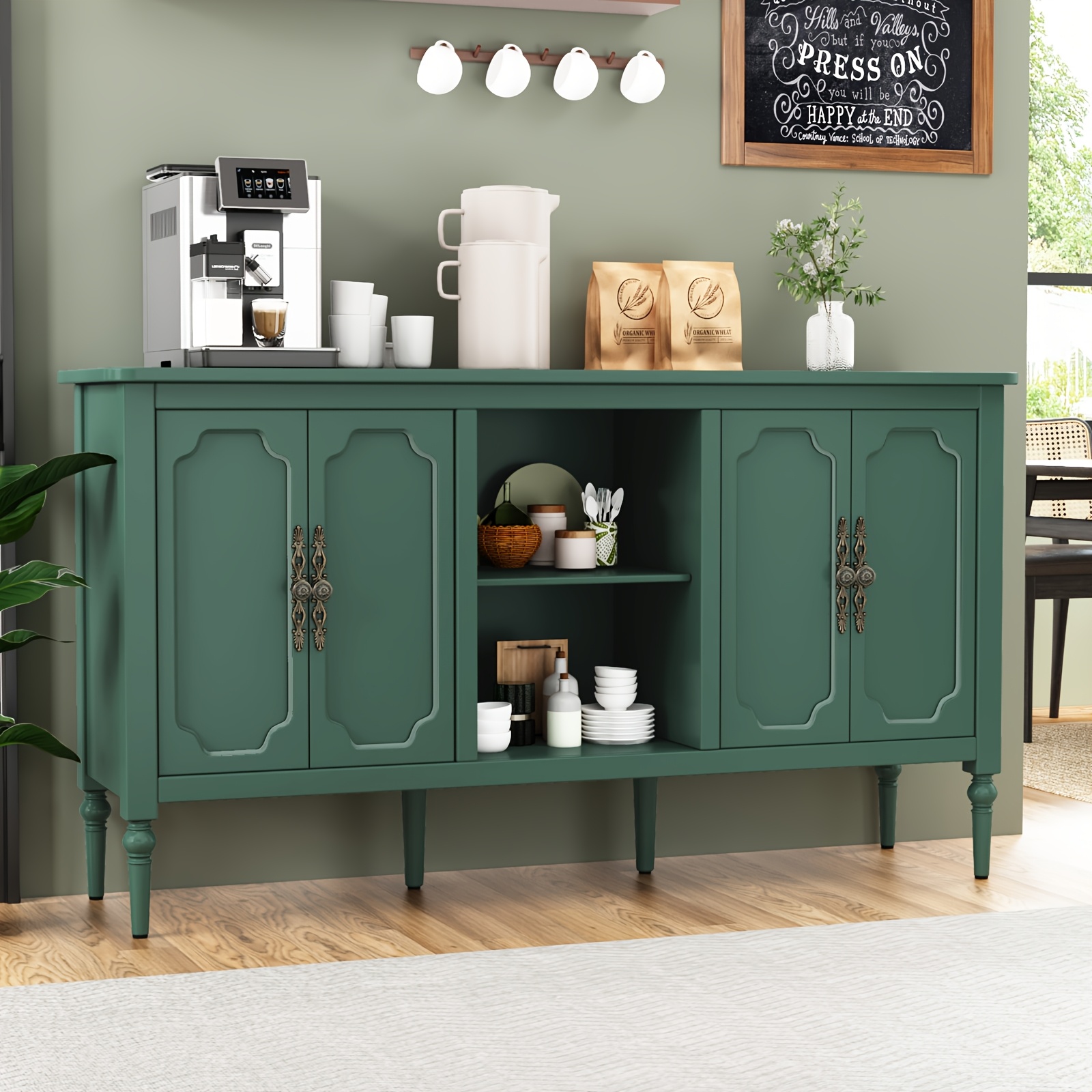 Image of Vintage Buffet Sideboard Cabinet With | Mid Century Cabinet With Shelf, Decorative Accent Credenza Tv Stand, Hardwood And Fiberboard, , Floor Mount, , For Living Room, Kitchen