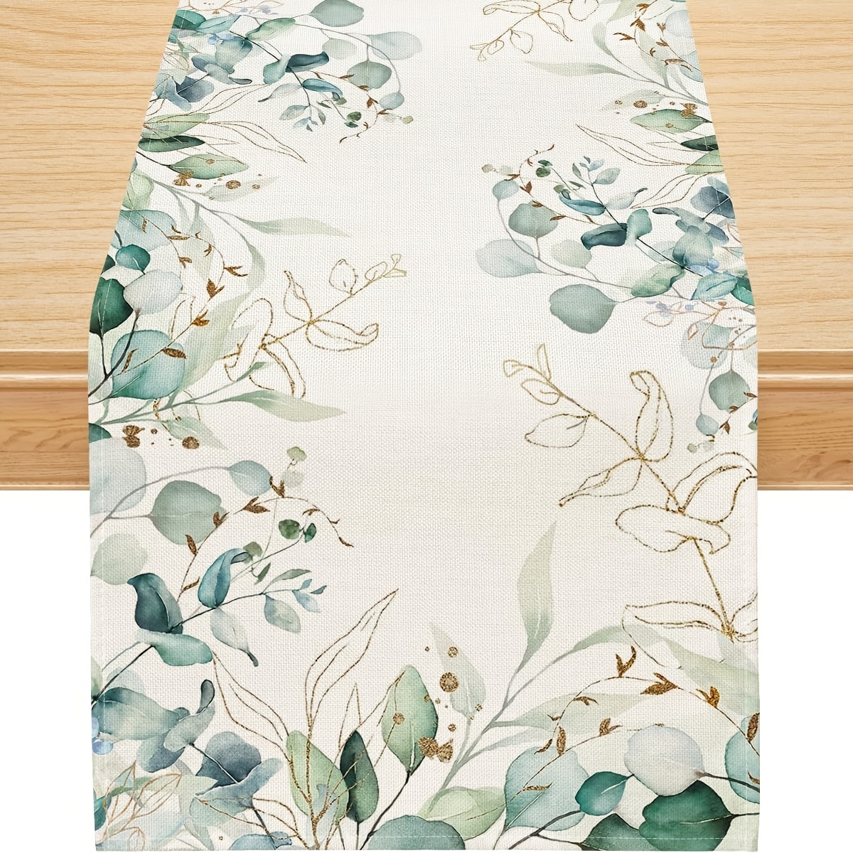 Image of Elegant Linen Table Runner With Eucalyptus Leaves - Perfect For Decor, In 3 Sizes (13x48", 13x72", 13x108"), , Holiday Party Decor, Dining Table Decoration