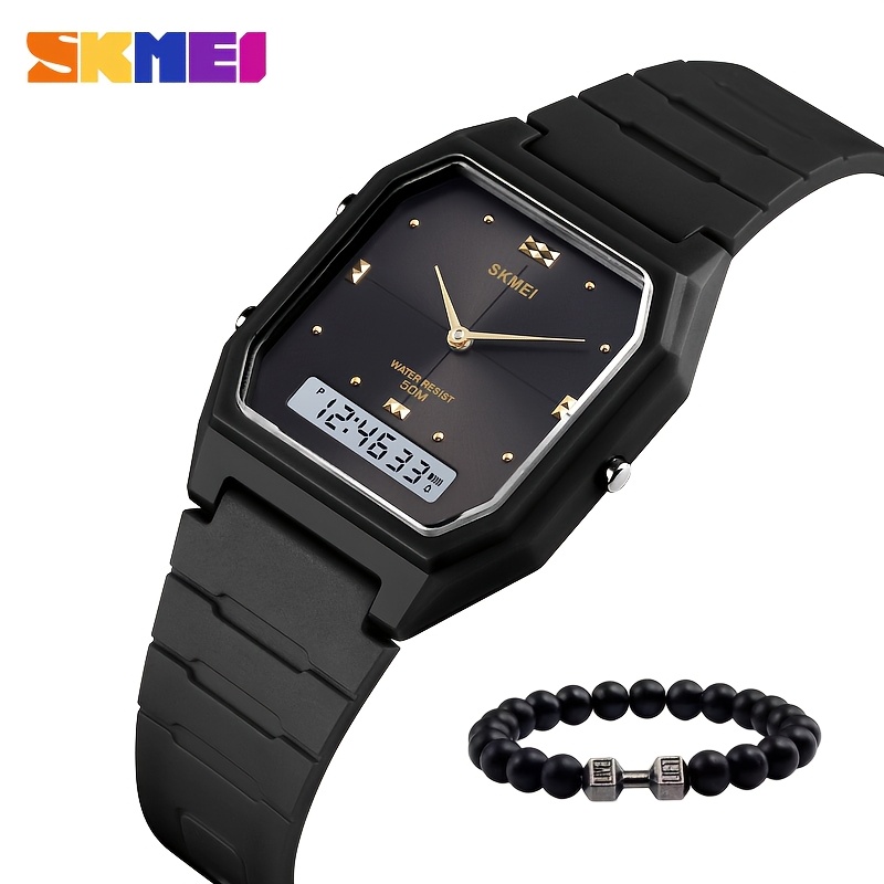 TEMU Skmei Men' Outdoor Sports Dual-display Multifunction Watch Bracelet, 2pcs Set