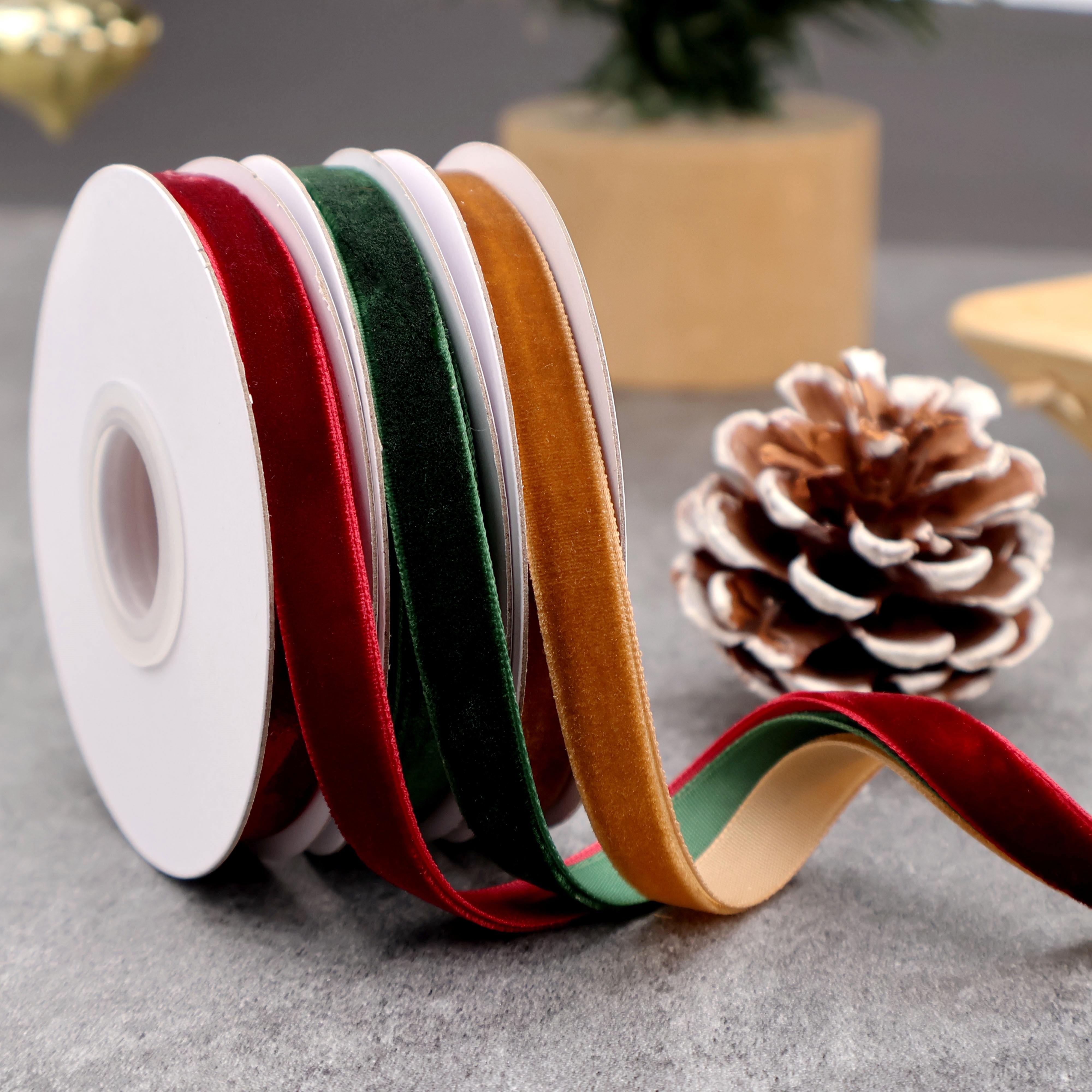 Image of 3 Rolls Velvet Ribbon 3/8 Inch Total 15 Yards Premium Christmas Velvet Ribbon For Christmas Tree Ornaments Gift Wrapping Wreath Decoration
