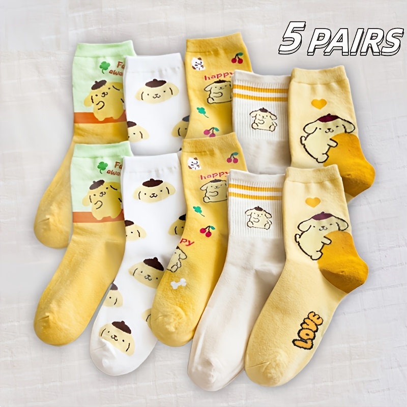 E-shop 5 Paar saisonale Damen-Sanrio-Lizenzsöckchen mit dem süßen und niedlichen Pompompurin, vielseitige, weiche und bequeme lange