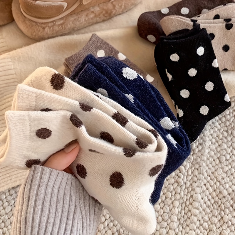 

4-pack Women's Polka Dot Fleece Socks, Mid-calf Length, Thickened Warm, , Autumn/winter, Polyester , Machine Washable, Ladies Fashion Accessories