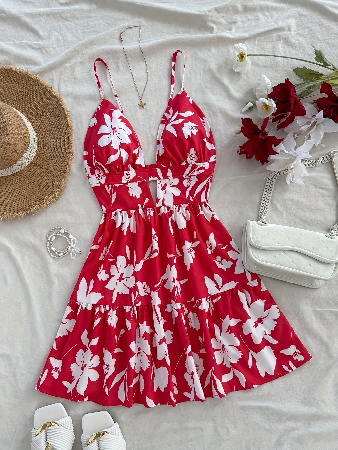 Red Floral Print * Halter Neck Backless Mini Dress for Summer Beach *