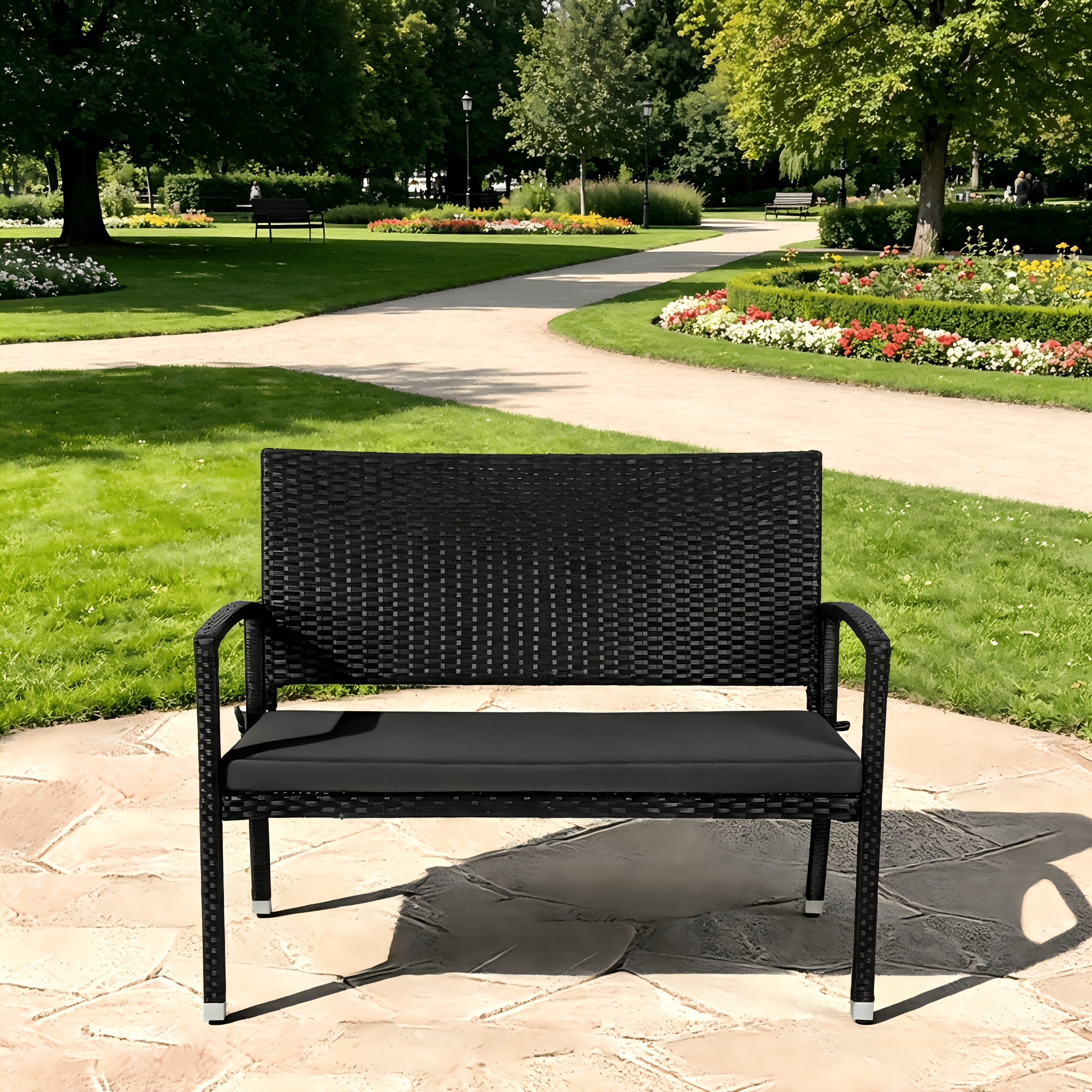 Black Rattan 2-seater Outdoor Loveseat Patio Garden Bench With Removable Cushion Wicker Chair For Balcony Backyard Porch Poolside Durable Outdoor Furniture