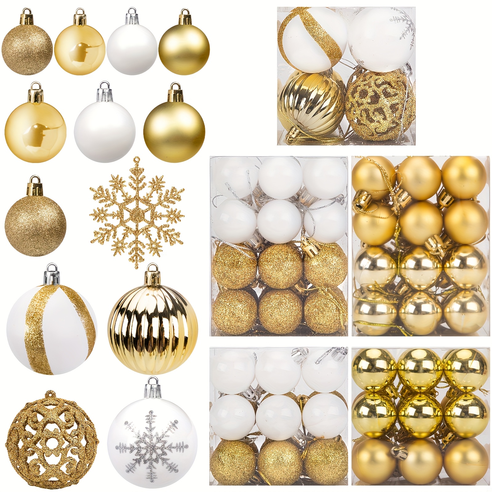 TEMU 100pcs White And Golden Christmas Tree Ornaments Set, Assorted Ball Ornaments And Snowflake Decorations, Glossy, Matte And Glitter For Christmas