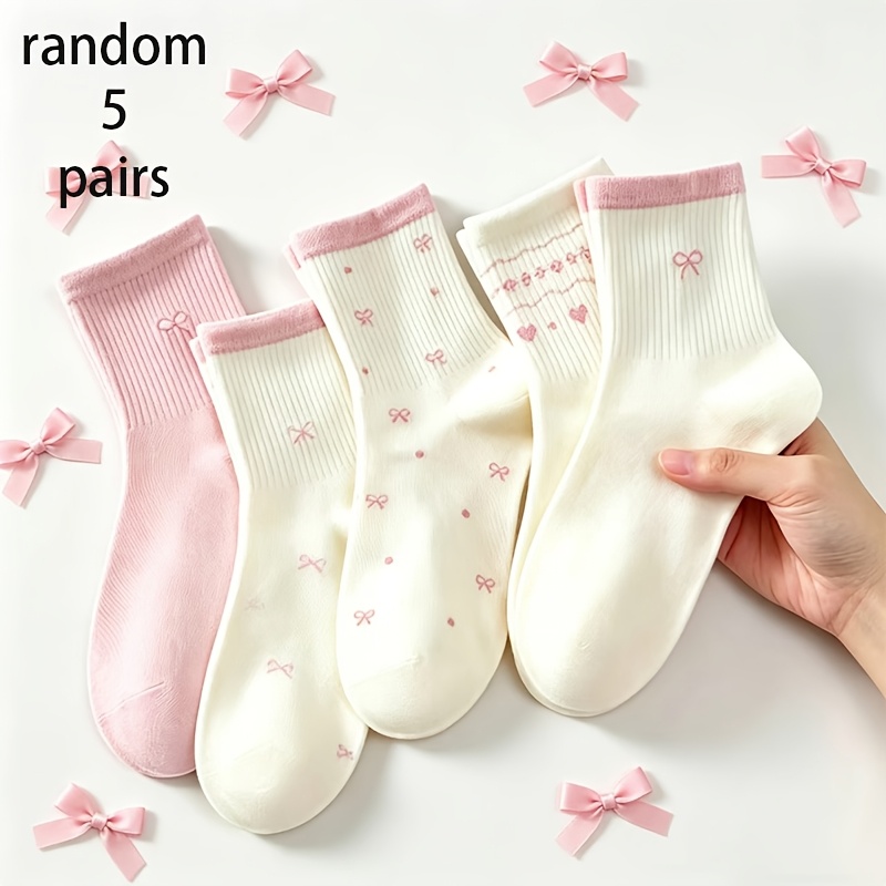 TEMU Random 5 Pairs Women's Bow Pattern Sweet Girly Mid-calf Socks, Trendy Socks, Comfortable For Daily Wear