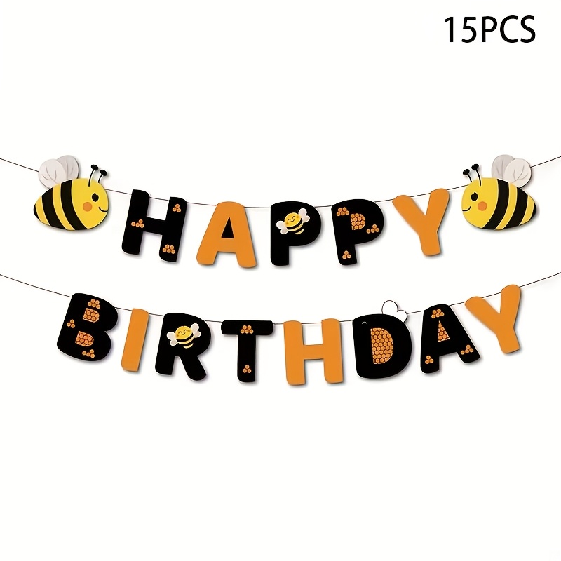 Image of 15pcs Bee-themed Birthday Party Decor: Vibrant "happy Birthday" Banner, Bee And Honeycomb Patterns, Color Scheme, Top For Indoor Celebrations, Spring Decor, Bee Decorations