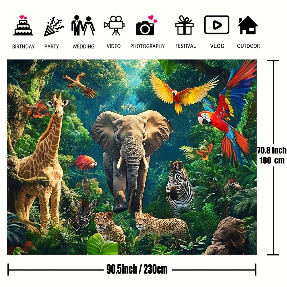 TEMU Adventure Birthday Party Backdrop - Polyester With Tigers, , Elephants & More - Ideal For Photography And Celebrations