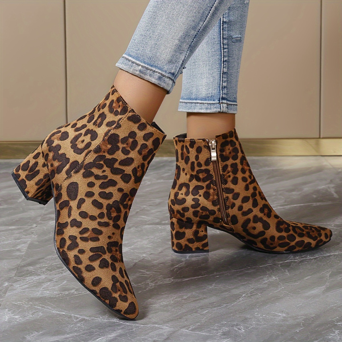 elegant leopard print fabric ankle boots women pointed toe Temu