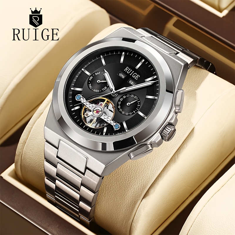 Image of Ruige Men' Tourbillon Mechanical Watch With Date Display, Stainless Steel Hollow-out , Self-winding Tourbillon Movement For Business & Casual Attire, Mechanical Watch For Men Gift，valentine's Day Gift