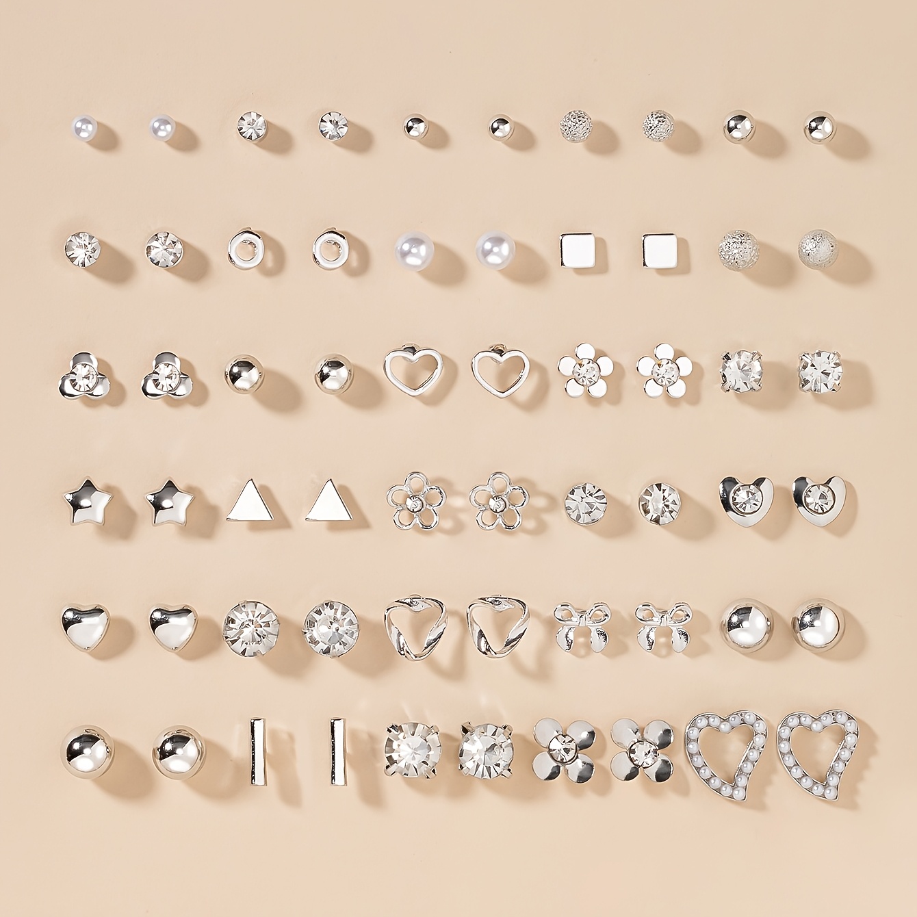 TEMU A Set Of 60pcs Fashionable And Gift Jewelry Heart-shaped Small Stars Flowers Bow Round Geometric Earrings Large Set Women's Earrings Multi-piece