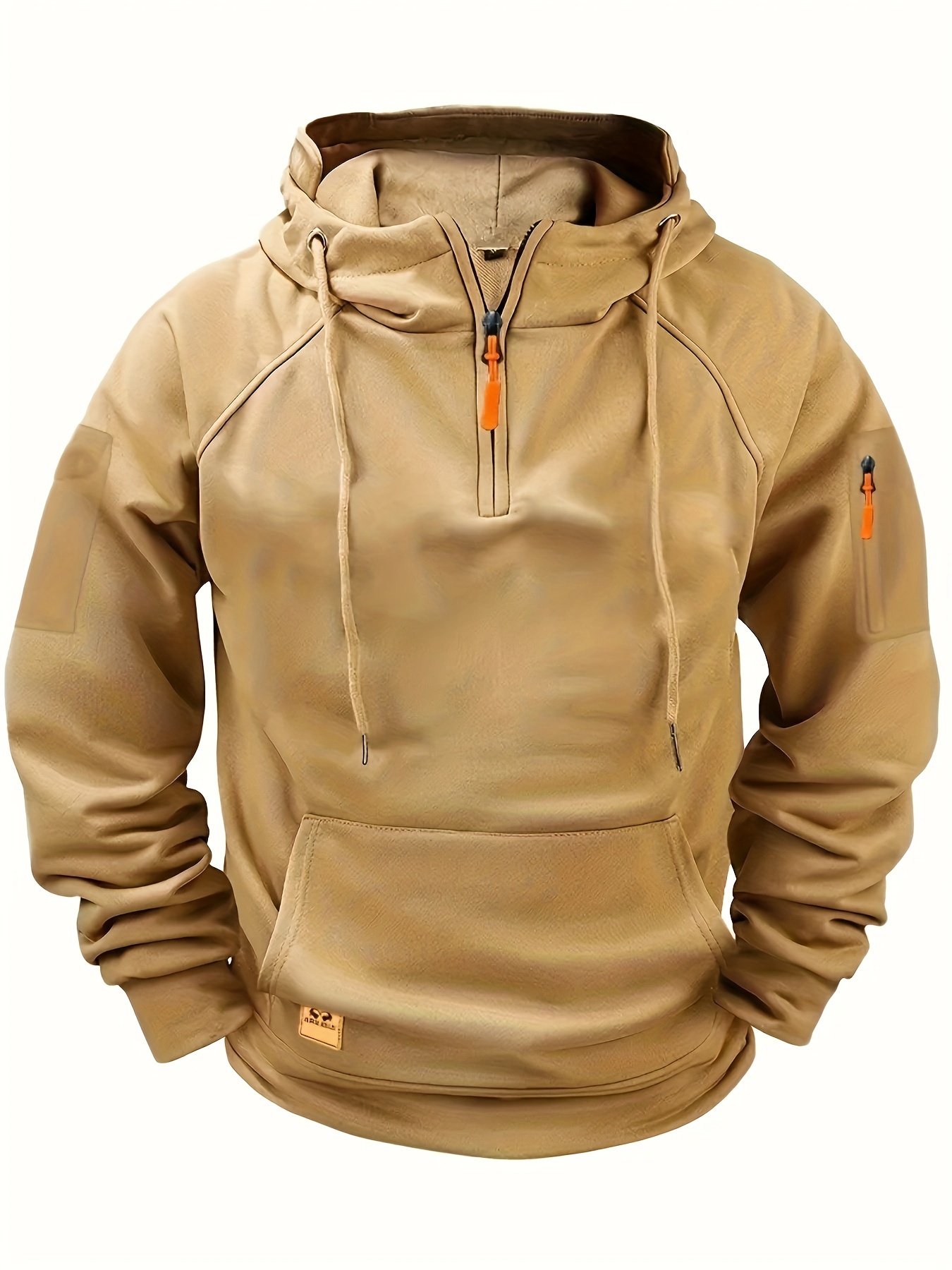   obm mens long sleeve 1 4 zip hoodie with shoulder patches and multiple pockets 100 polyester sports hoodie slightly elastic solid color regular   top suitable for spring and autumn outdoor  