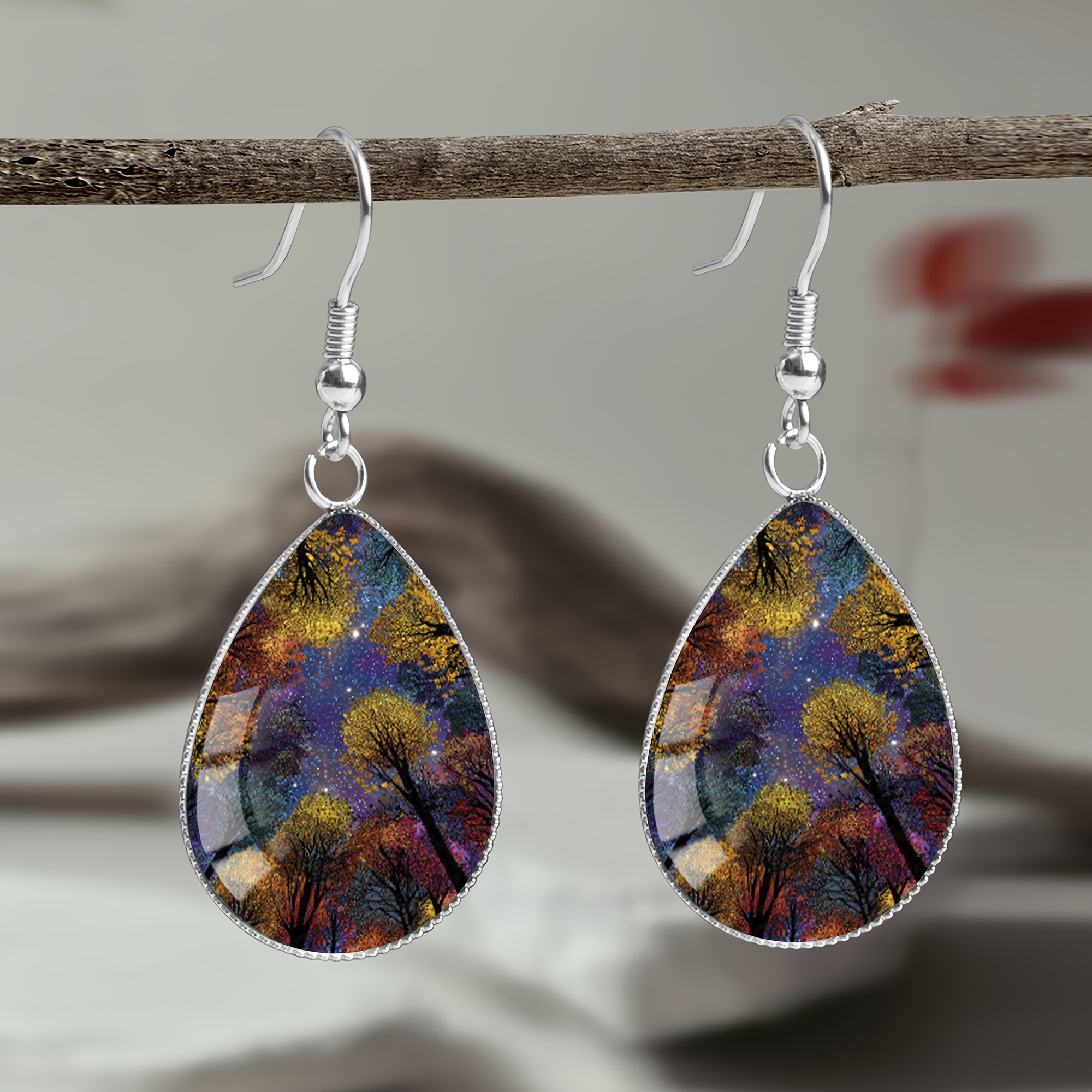 Autumn Night Starry Sky Forest Teardrop Earrings