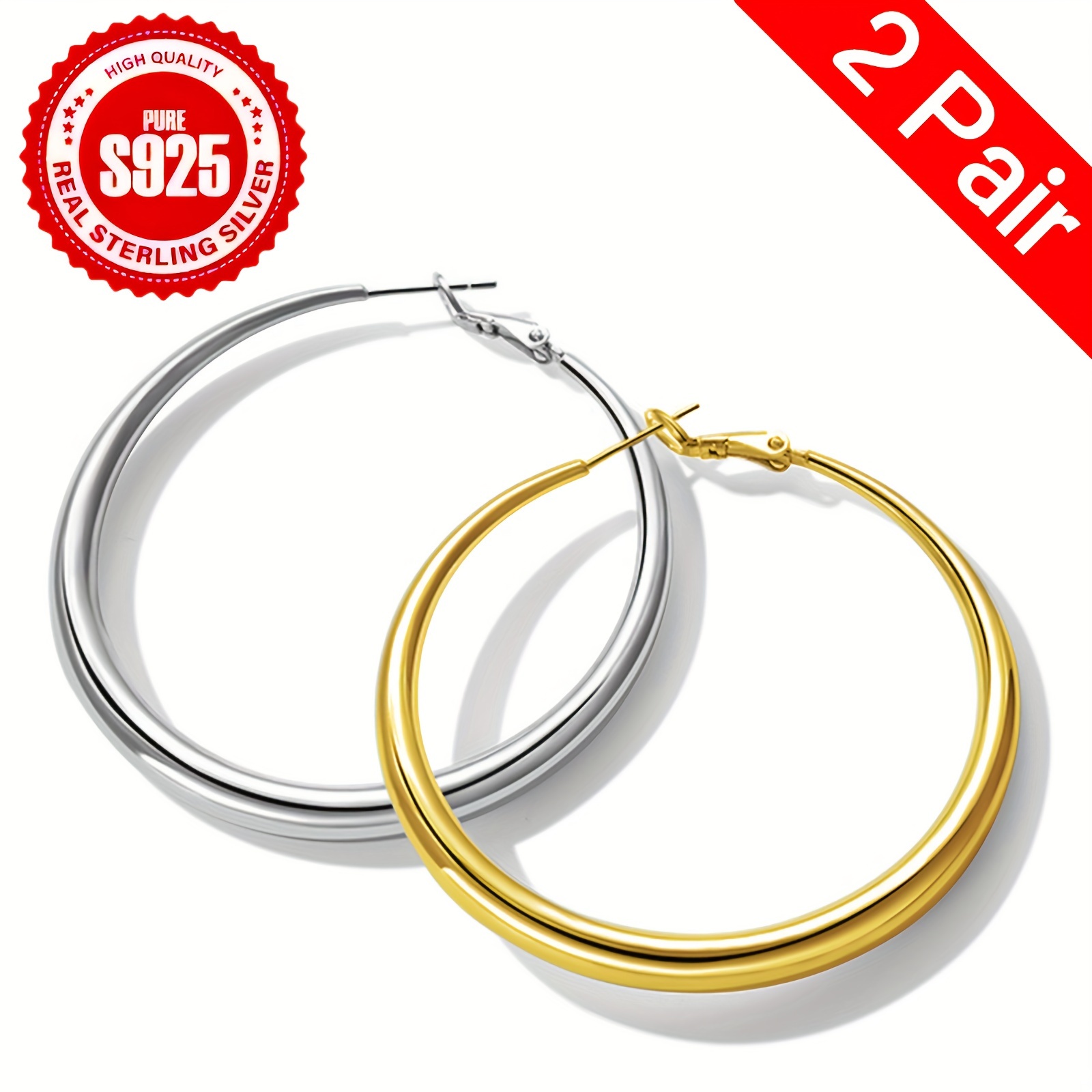 TEMU 2pcs 925 Sterling Silver Women' Earrings, Lightweight Large Round Earrings Elegant Minimalist Style Earrings, Perfect Gift For Girlfriend