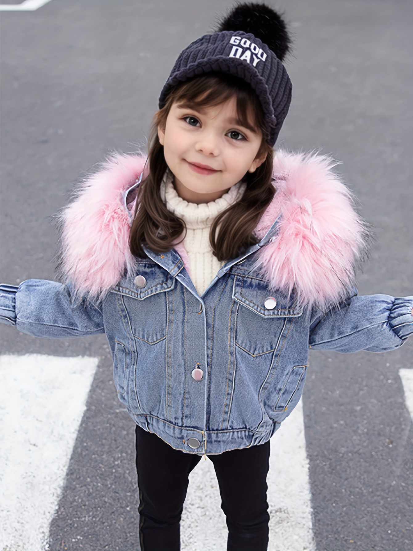1pc girls winter casual denim jacket fur hood thick Temu South