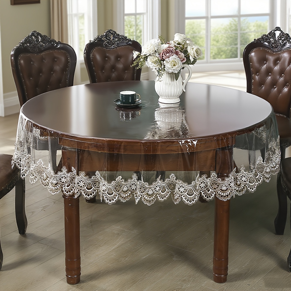 1pc white coffee   embroidery tablecloth, transparent pvc   round tablecloth with white coffee cut-out embroidery,   for round dining tables, cafe, kitchen & restaurant use, wedding party, holiday  , retro british-  0