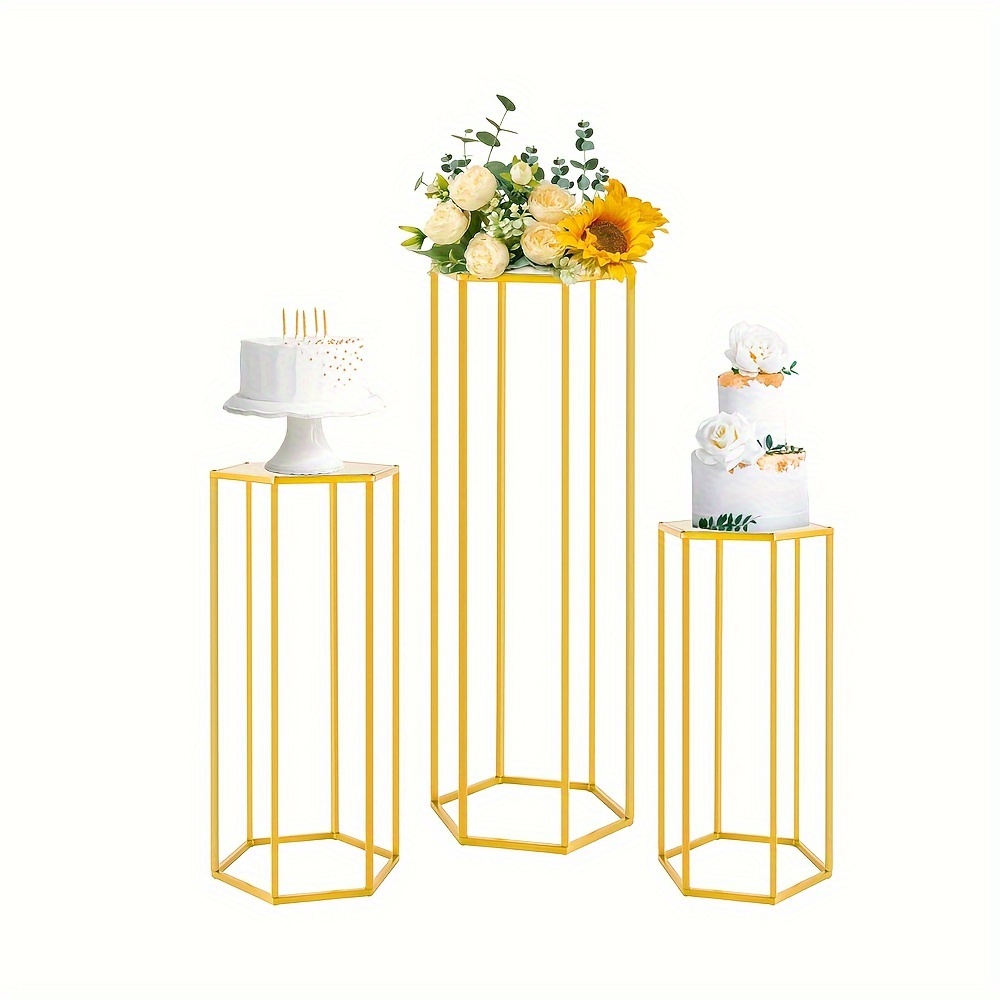 

Hexagon Pedestal Stands For Party - Gold Cylinder Pedestal Stand Wedding Centerpiece Table Decorations With Metal Panel, 3pcs Geometric Display Rack For Parties Decoration