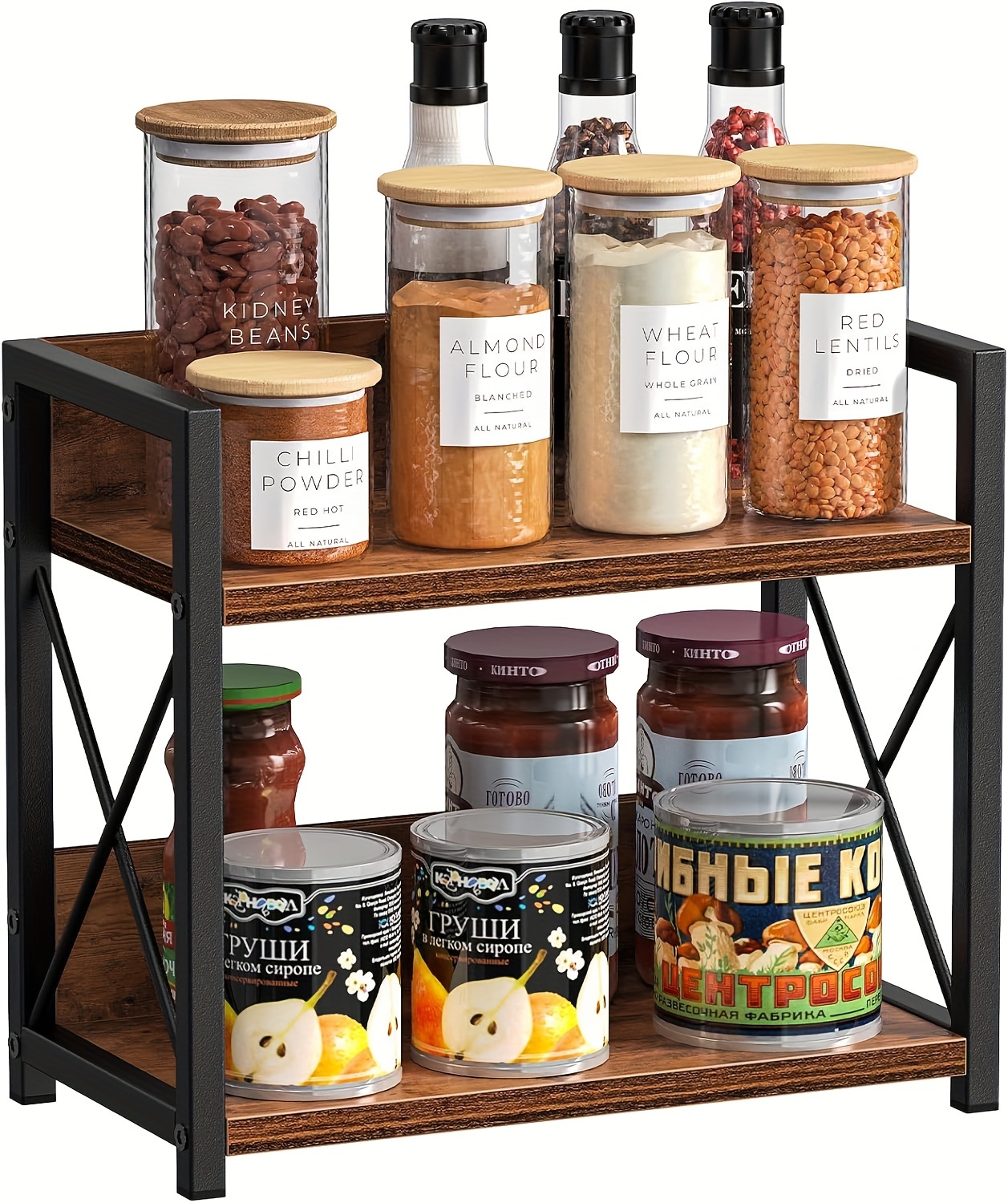 rustic brown 2 tier countertop organizer wood metal spice rack for kitchen coffee station storage shelf with   details 3