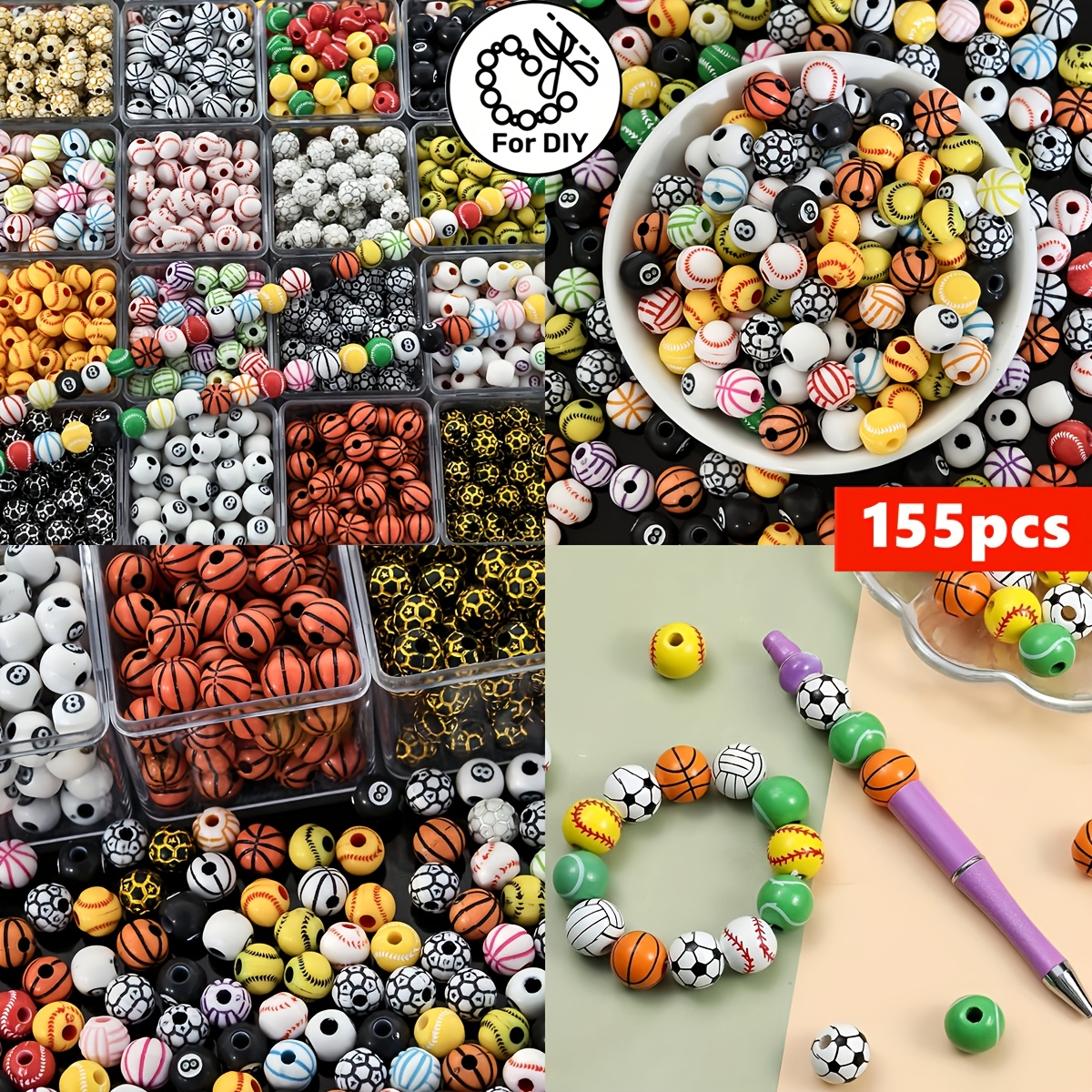 TEMU 10-18mm 155pcs Sports Ball Beads, Basketball, Soccer, Football, , Tennis, Volleyball Acrylic Design Beads, Multi-functional Spacer Beads For