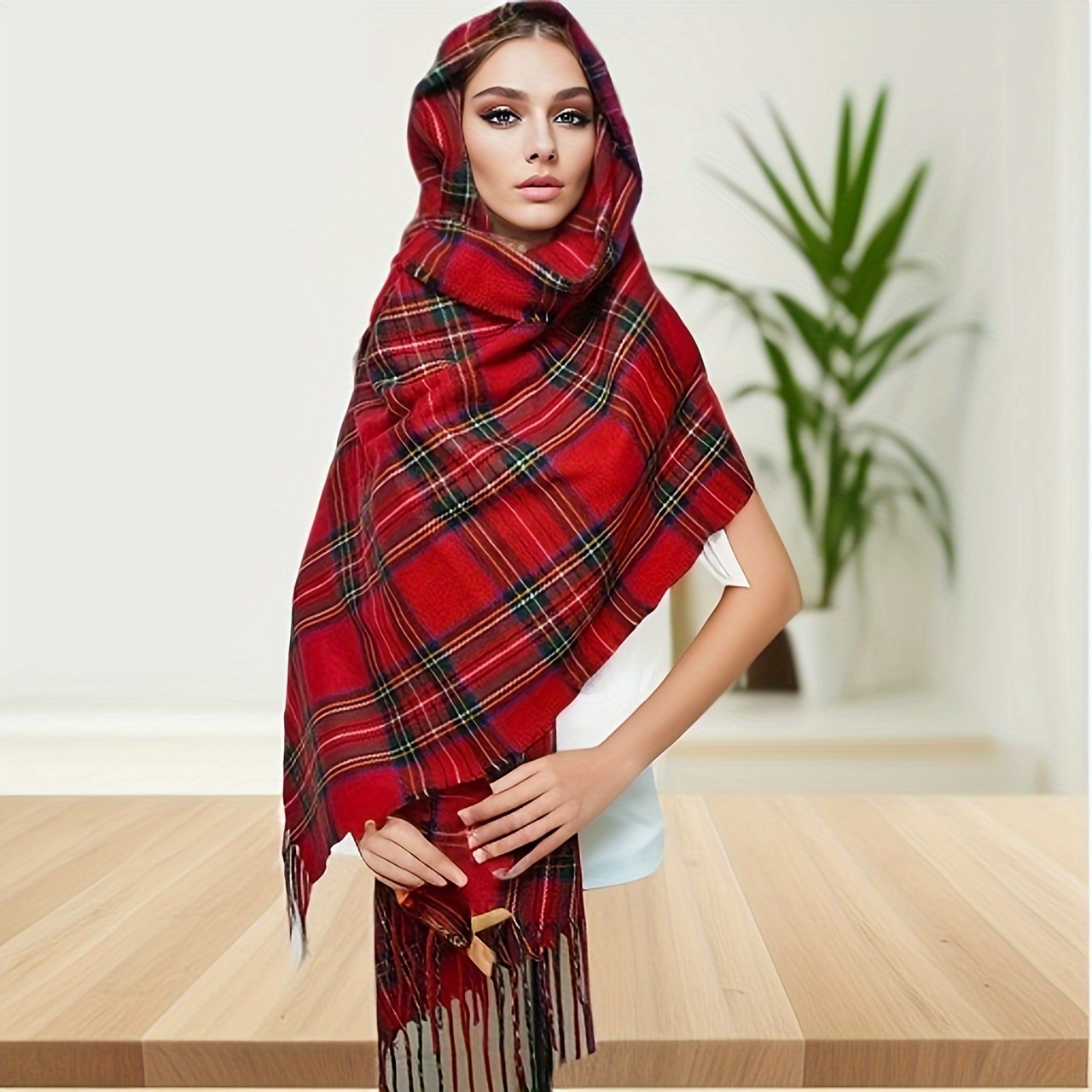 

Red British Plaid Scarf Soft Warm Tassel Shawl School Style Coldproof Windproof Wrap For Women