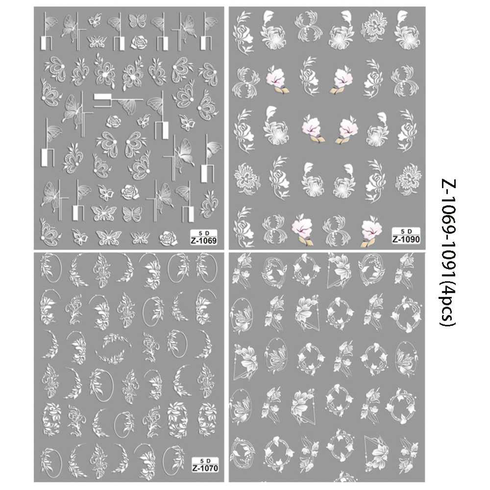 4 Styles Of Embossed Nail Stickers: 5d Hollow-out Bride Flower Back-adhesive Nail Art Decorations