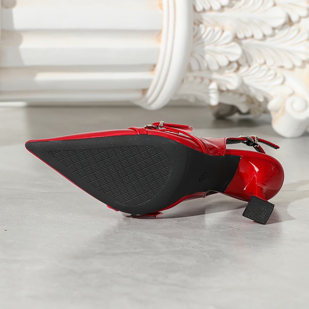 Pair of elegant pointed-toe high heels, featuring a sleek silhouette with shiny metallic buckle accents for an added touch of sophistication. The thin heel design effortlessly enhances your presence, perfect for both the workplace and evening events to showcase your unique charm