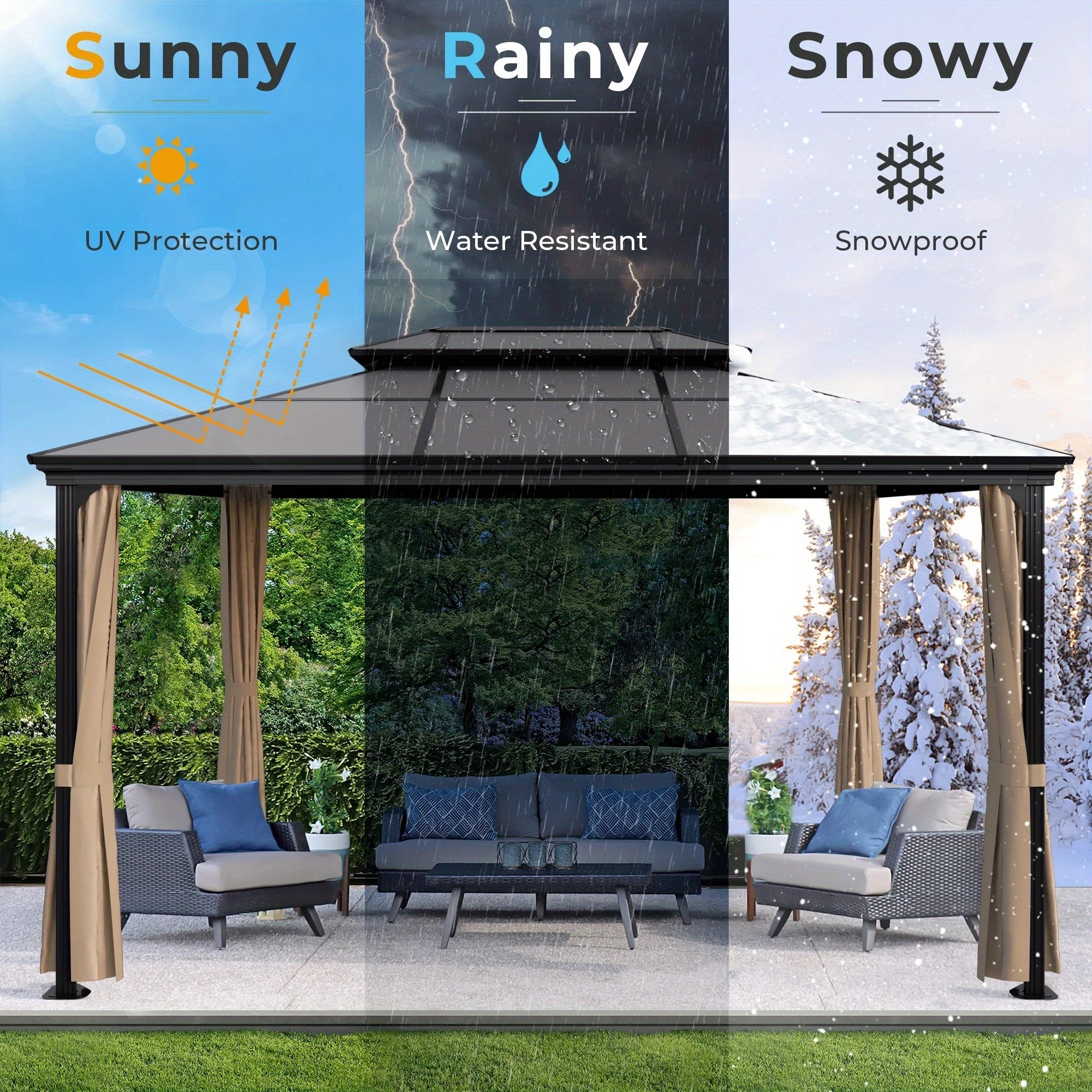 GUNJI 10' x 13' Hardtop Gazebo with Black Polycarbonate Roof & Aluminum Frame Netting - Durable Weather-Resistant Outdoor Furniture, Lattice Design for Privacy & Sun Protection, Patio Cover, Modern Aesthetic, Sturdy Construction, Garden Enthusiasts