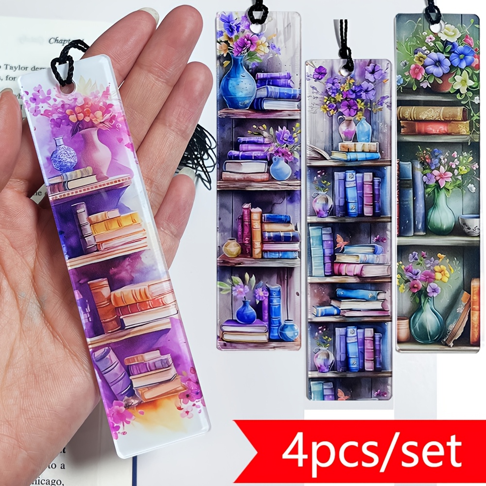 E-shop 4 Stück Acryl-Lesezeichen mit Quasten-Anhängern - Bunte Aquarell-Bücherregal-Designs, Langlebige Künstlerische Seitenmarkierer für Leser,