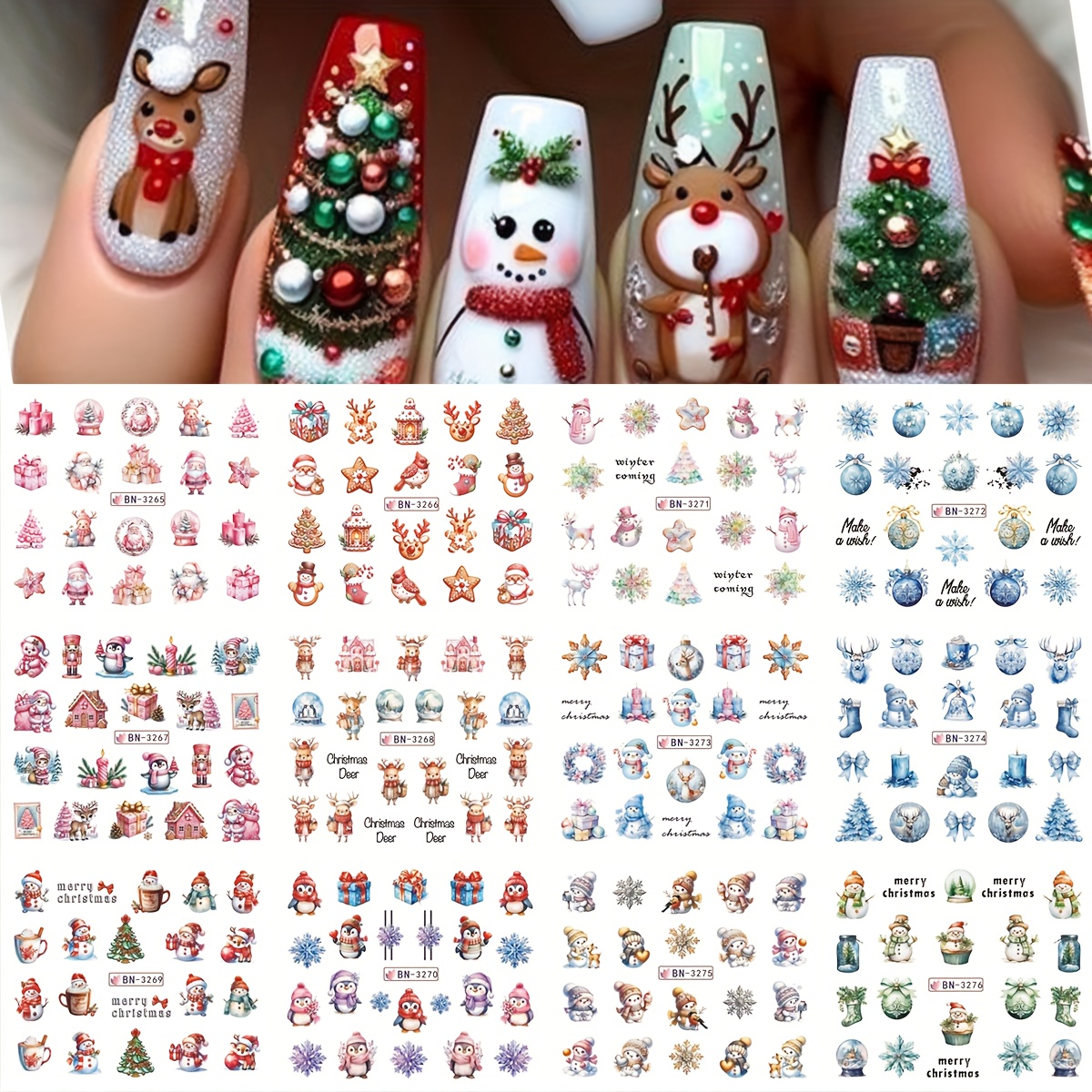 Image of 12pcs Festive Christmas Nail Art Stickers Cute Cartoon Snowman Santa Claus Socks Bells Snowflakes Penguins Water Transfer Slider Decals Winter New Year Decorations And Gifts For