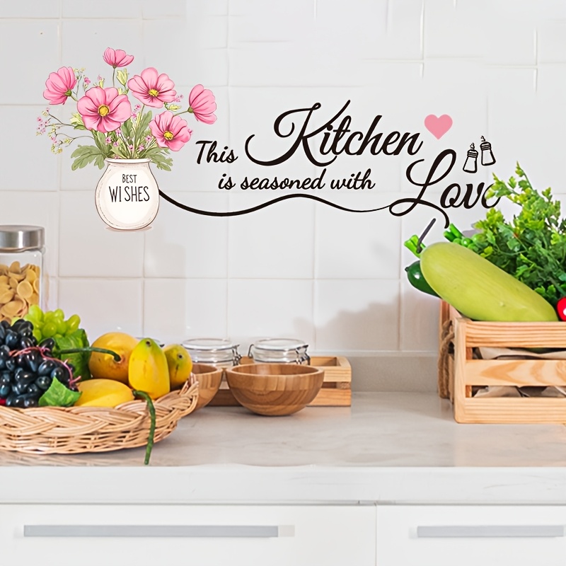 TEMU 1pc Kitchen English Love Quote Wall Sticker, Pink Vase Wildflowers Romantic Slogan Pattern Self-adhesive Removable Non-damaging To Wall, Easy To