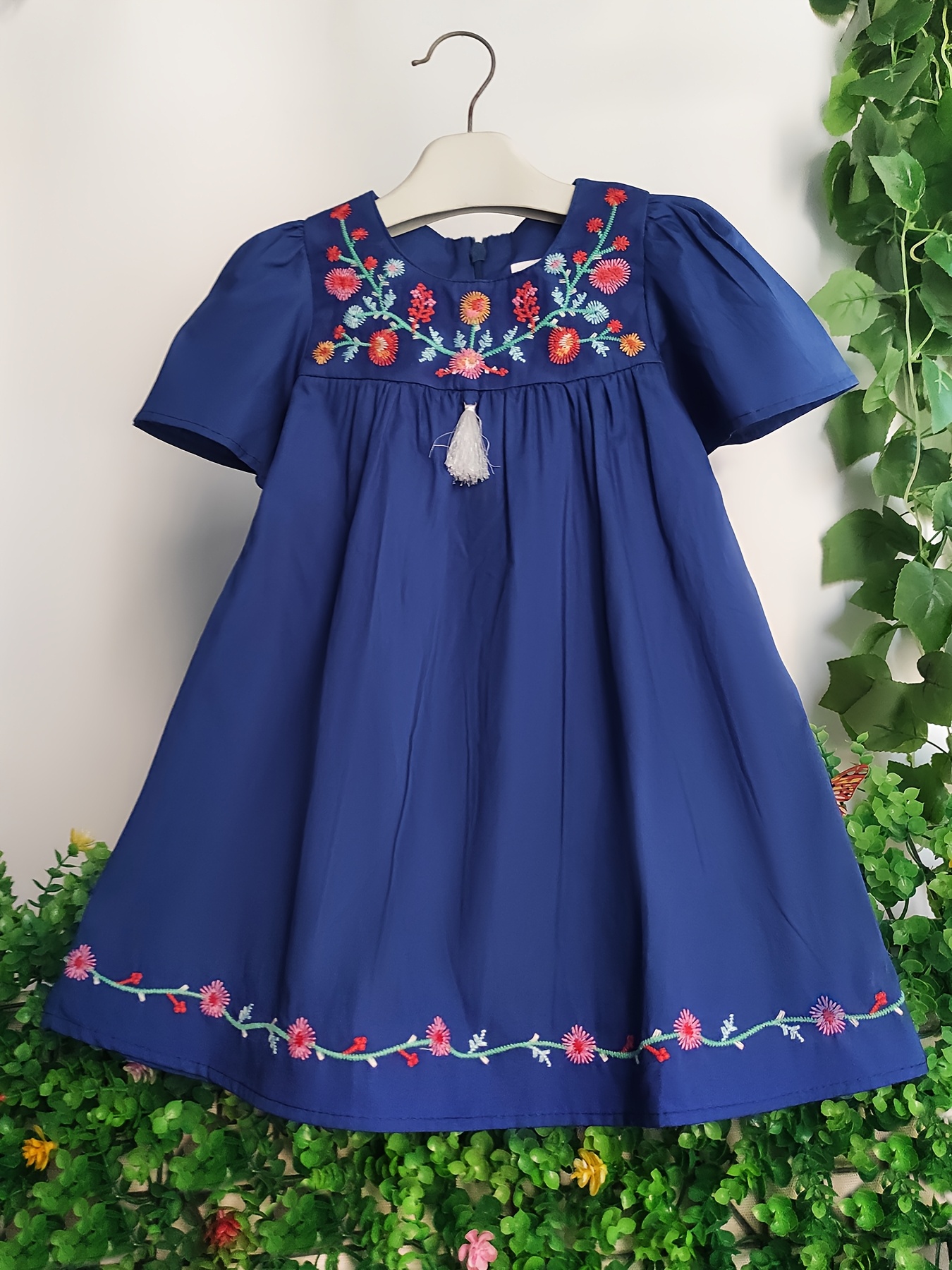 girls casual embroidered dress short sleeves tassels a - Temu Bahrain