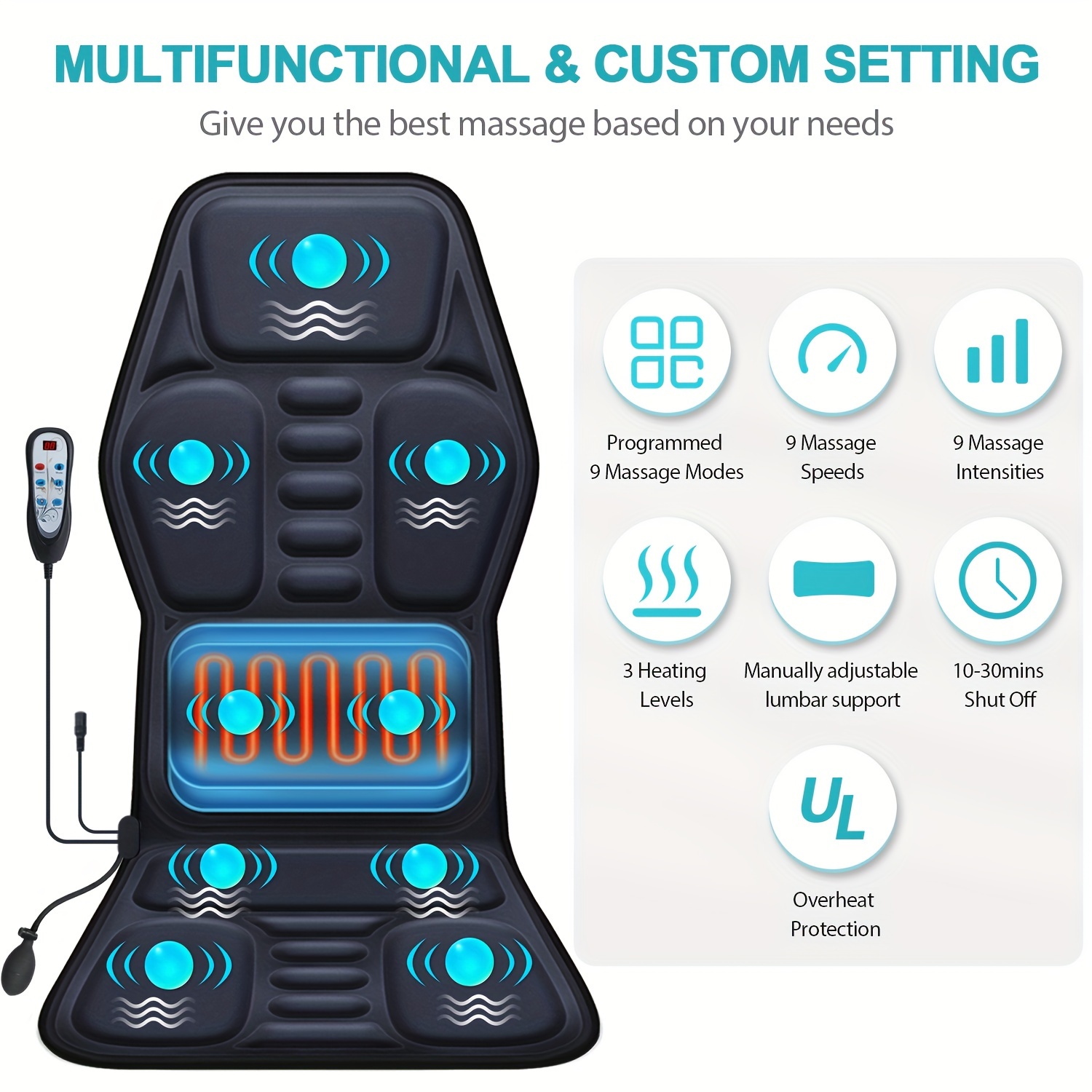 

Massage Seat Cushion With Heating, With Adjustable Lumbar Support, 9 Massage Modes, Back Massage Chair Cushion For Men And Women Home Office Use