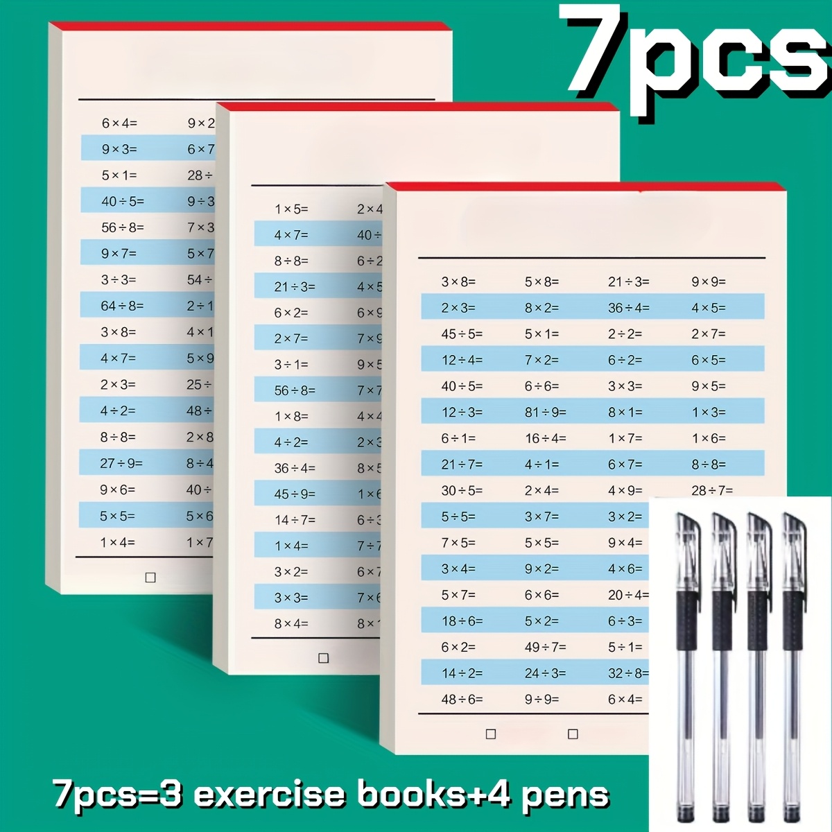 7pcs Math Quick Practice Set: 3 Multiplication And Division Workbooks, 4 Pens, Enhances Skills, For School Supplies Gifts
