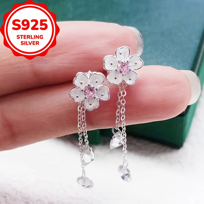 Women's S925 Sterling Silver Fresh Floral Long Earrings with Tassel