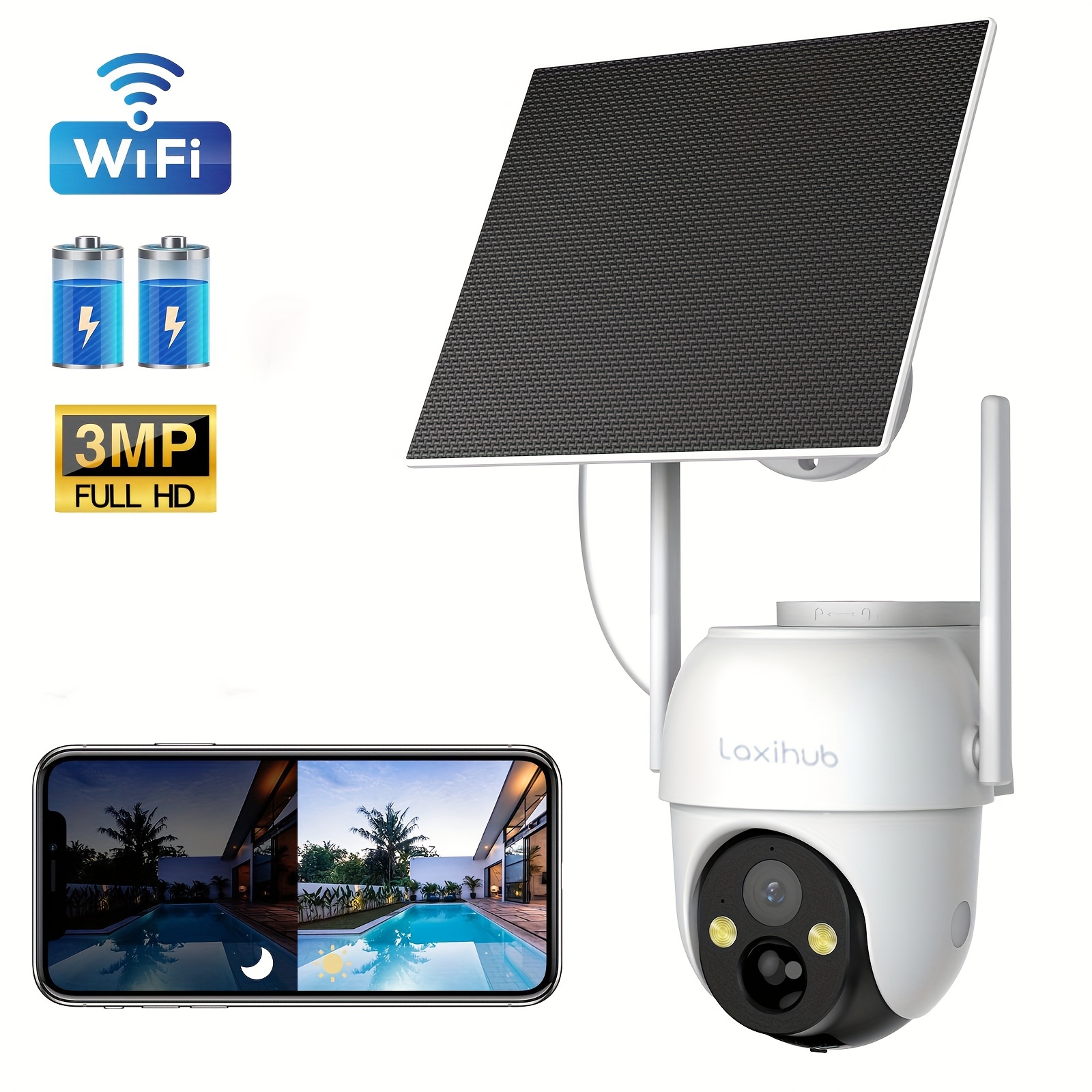 TEMU Laxihub 1296p Fhd, 3mp Fhd Wireless Outdoor Ptz Solar Security Camera Featuring Ai Human Detection, Color Night Vision, 2-way Audio, 2.4g Wi-fi,